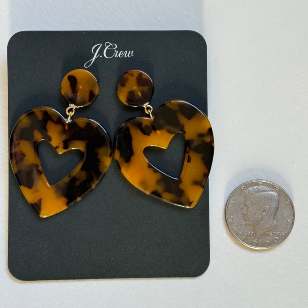 J. CREW Earrings Tortoise Oversized Hearts Lightweight  Posts Preppy - Picture 2 of 6
